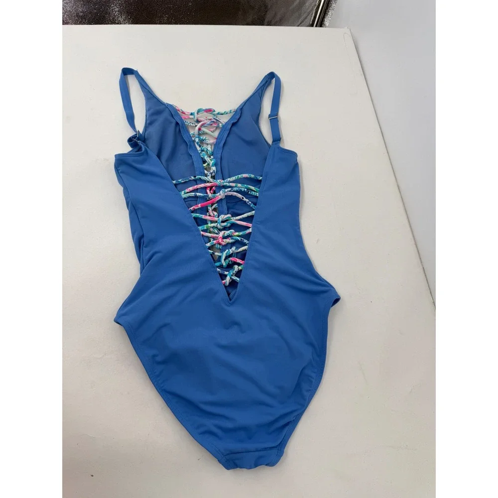 Lilly Pulitzer Blue Lace Up One Piece‎ Swimsuit Floral Cord Detail Womens Sz 2S